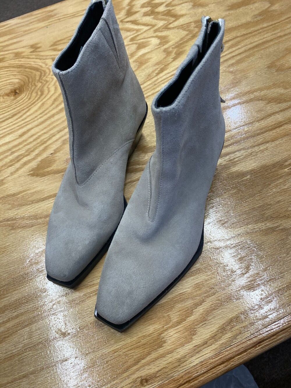 Allsaints Lenora Boots Women's 6 Gray Suede Back Zip Cuban Block Heel Bootie S40